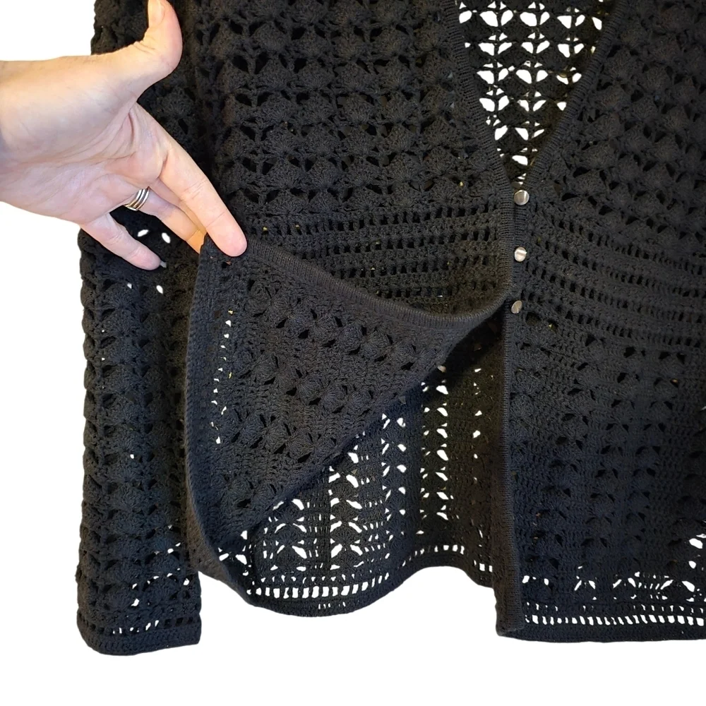 Black Crochet Lace Cardigan Open Knit Boho Whimsigoth V-Neck Button Front